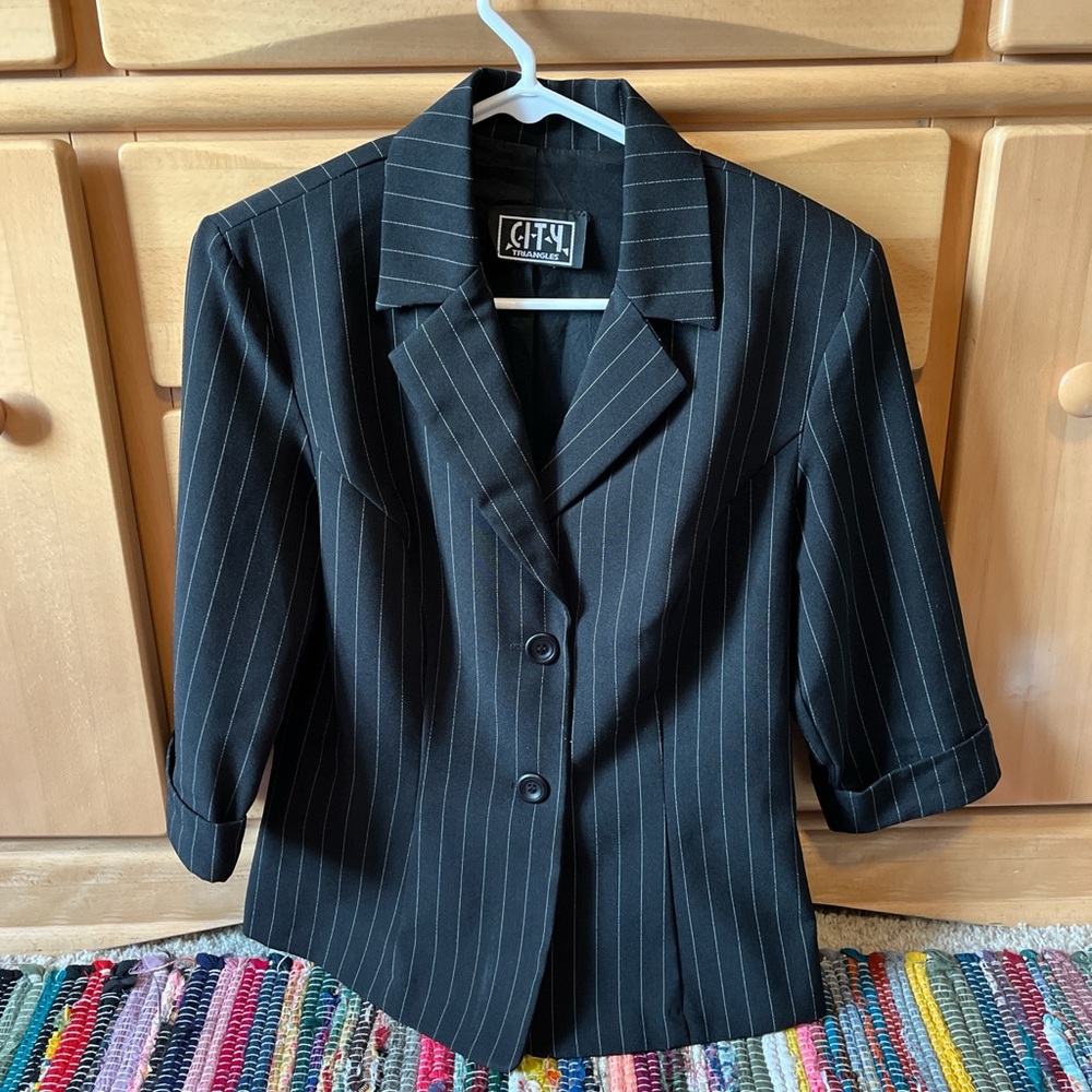 Dark Navy Blue Pinstripe Blazer with Notched Lapel and Three Quarter Sleeves
